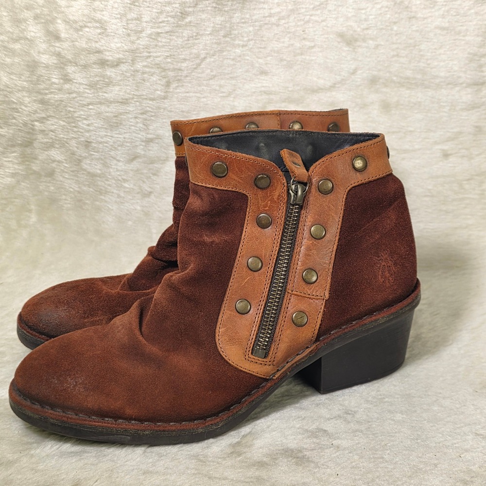 Fly London Suede Studded Ankle Boots Booties Brown Side Zip Women 40 9